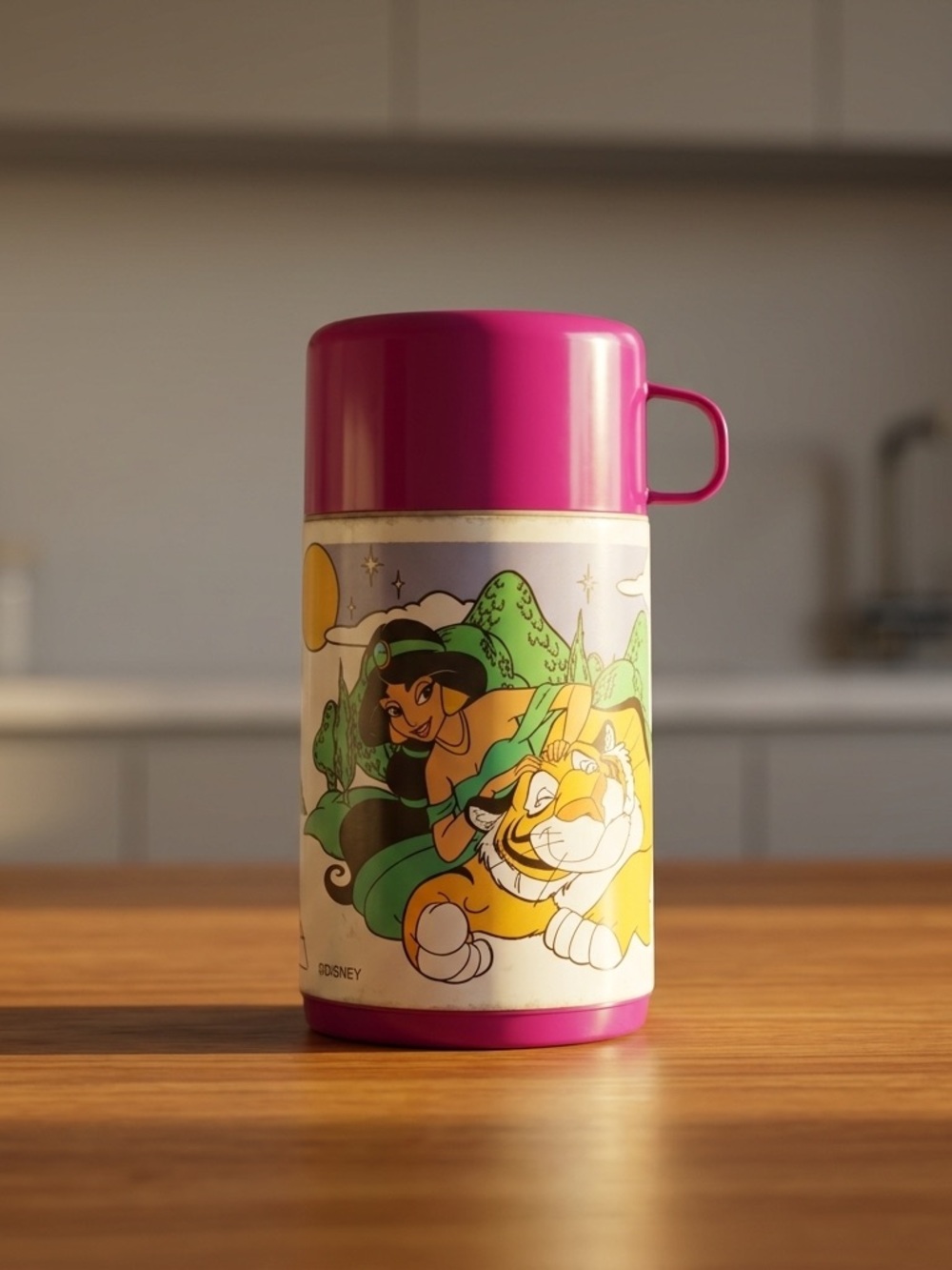 1992 Disney Aladdin plastic thermos featuring Princess Jasmine and Rajah